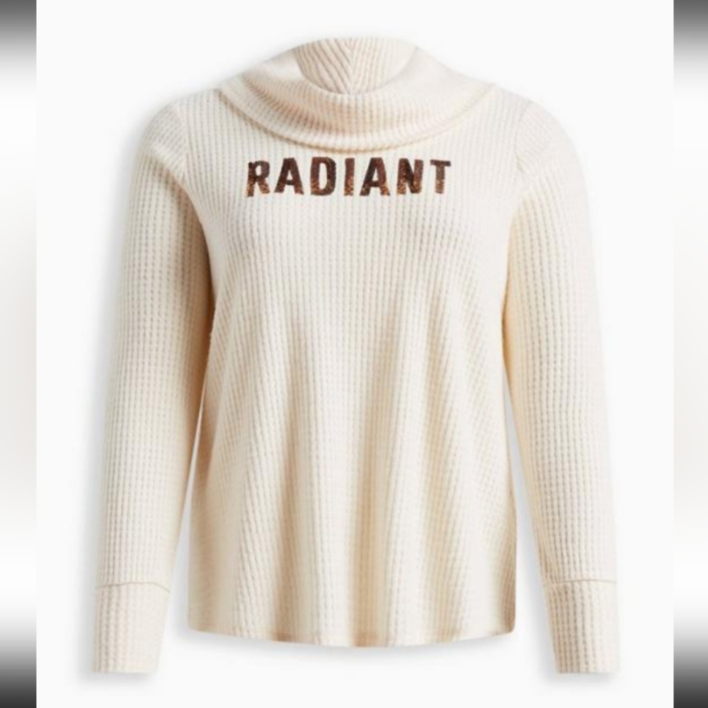 NEW! TORRID 1X SEQUIN RADIANT CLASSIC FIT PLUSH WAFFLE KNIT COWL NECK TOP- CREAM
